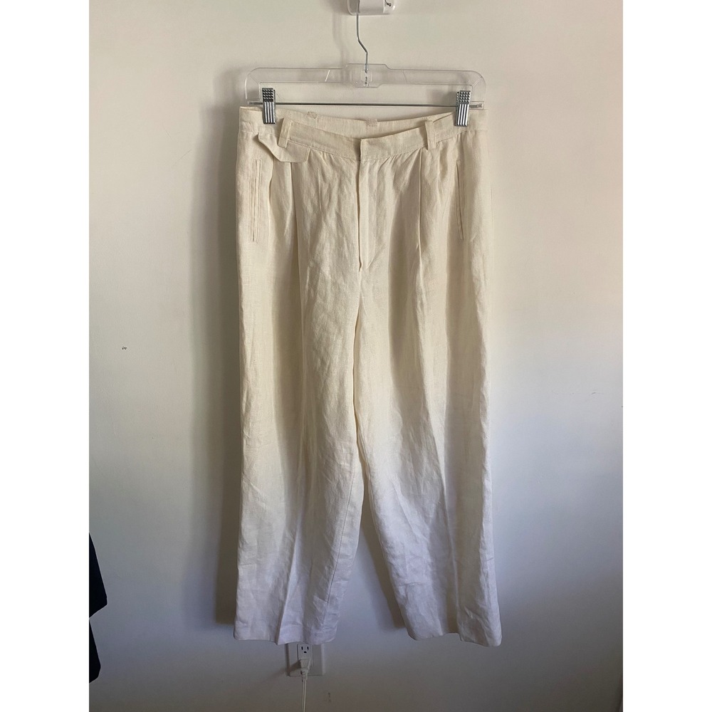 Company Ellen Tracy Womens 12P Linen Pants Cream Pleated Straight Leg High Rise